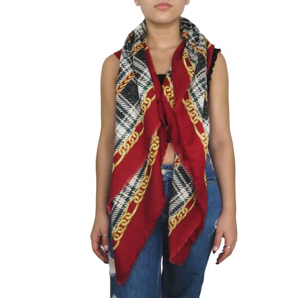 Stunning Vintage Red Green Gold Pattern Chain Retro Neck Scarf - Picture 2 of 6